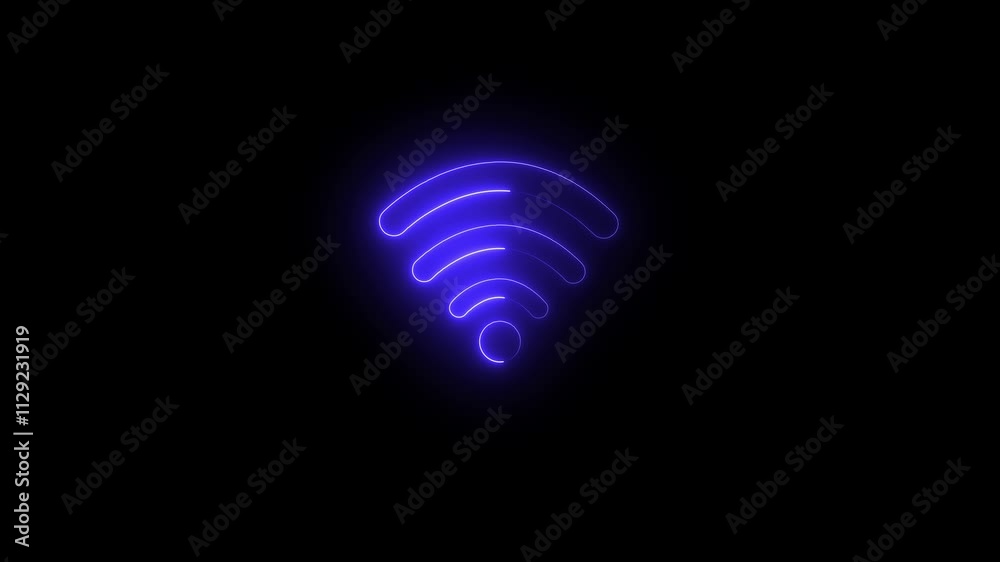 Abstract neon glowing wifi icon animation on background. Neon digital wifi network icon.
