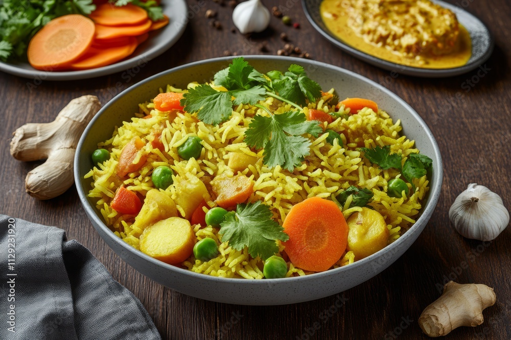 Delicious vegetable biryani in a gray bowl, garnished with cilantro, served with carrots, ginger, garlic, and curry sauce. Delicious vegetable biryani in a gray bowl, garnished with cilantro, served with carrots, ginger, garlic, and curry sauce.