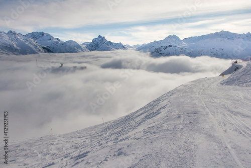 Cable car in St. Anton am Arlberg, Austria, above the clouds