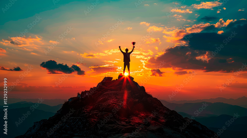 Triumph on mountain top with trophy at sunset image. Silhouette triumphant pose photography scene. Outdoor success. Achievement moment. Motivational concept photorealistic photo