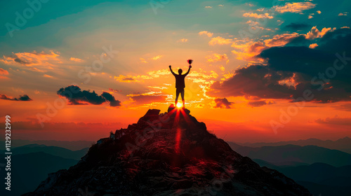 Obraz na płótnie Triumph on mountain top with trophy at sunset image. Silhouette triumphant pose photography scene. Outdoor success. Achievement moment. Motivational concept photorealistic photo w salonie