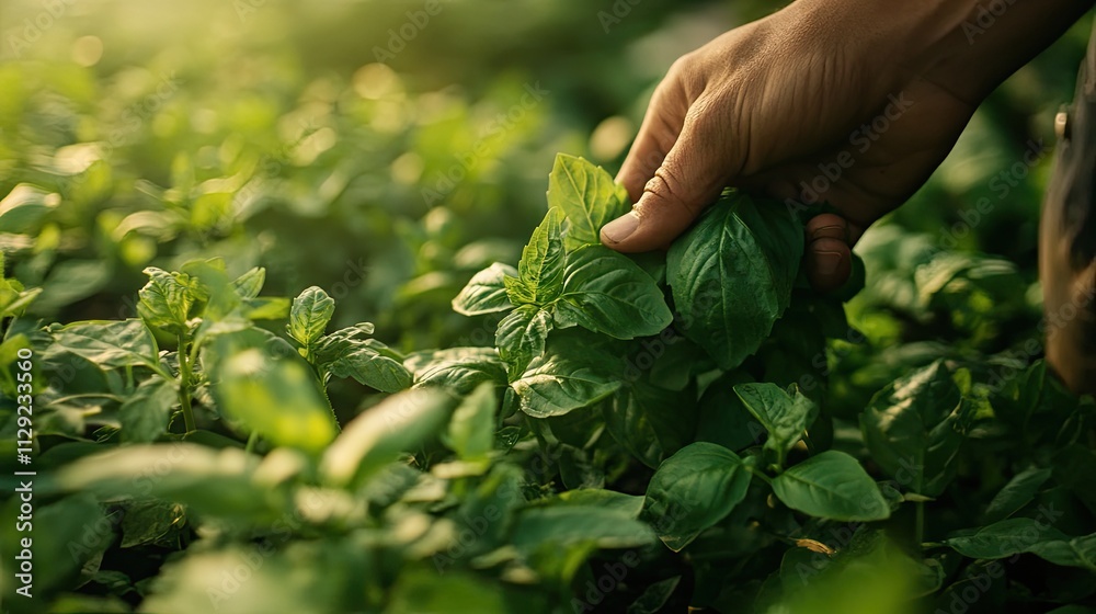 Harvesting Fresh Basil: A Moment of Rustic Charm in the Garden Harvesting Fresh Basil: A Moment of Rustic Charm in the Garden