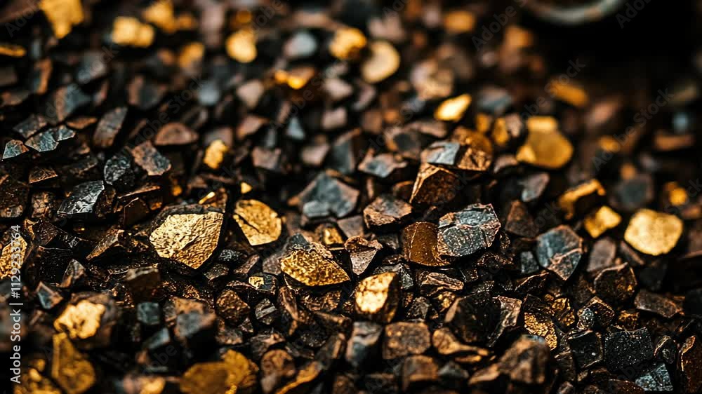Unique black and gold mineral aggregate on display in natural sunlight highlighting texture and color variations