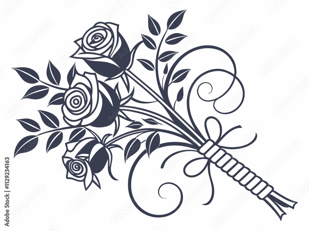 Roses with thorns, vines, and leaves wrapped together in metallic silver line art.
Roses with thorns, vines, and leaves wrapped together in metallic silver line art.