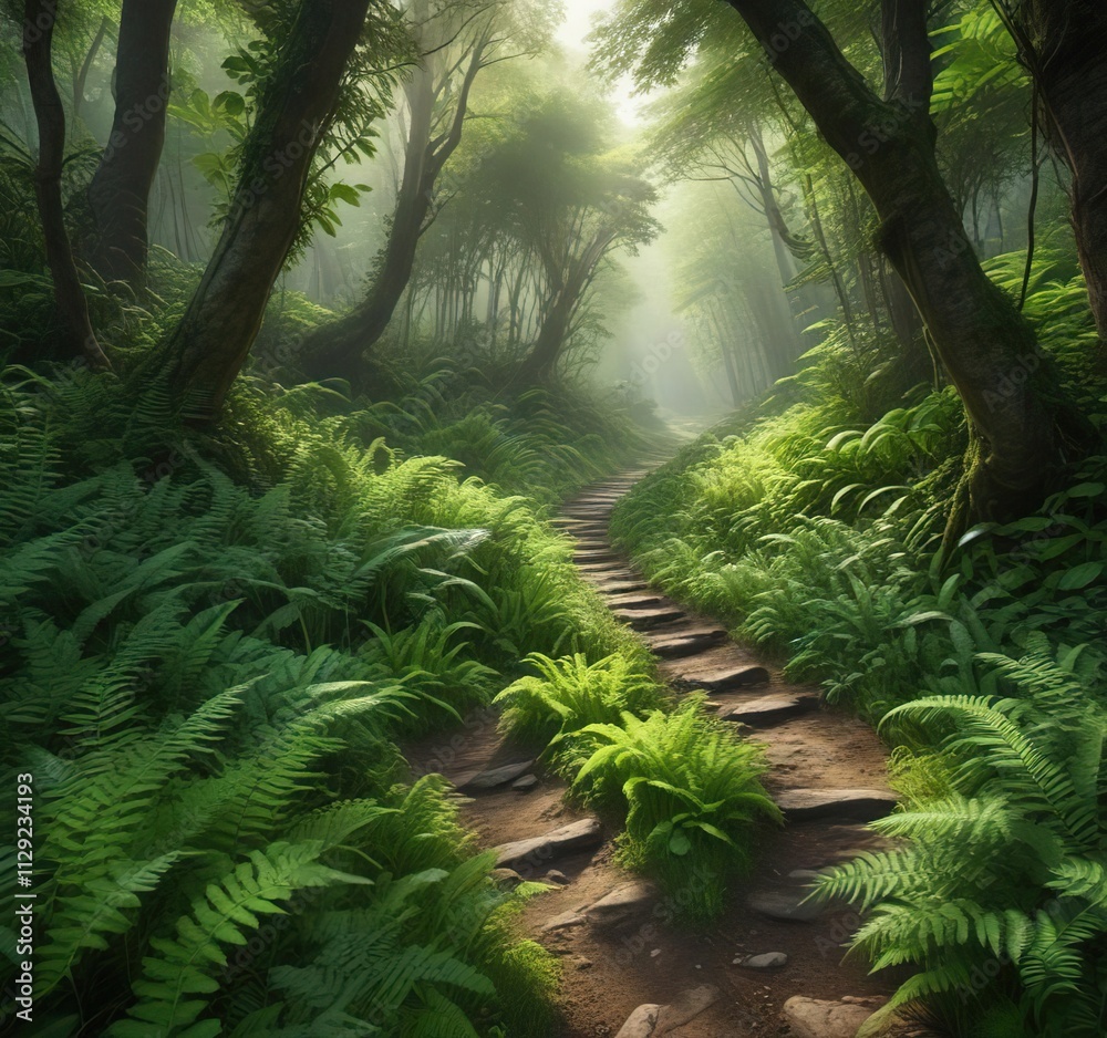 Enchanted pathway winding through vibrant green ferns in a lush forest, hidden gems, adventure