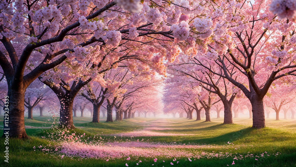Naklejka premium a breathtaking, dreamy, and ethereal cinematic photograph of a serene forest of cherry blossom trees, their delicate branches stretching towards the sky, adorned with vibrant, lush flowers boasting a 
