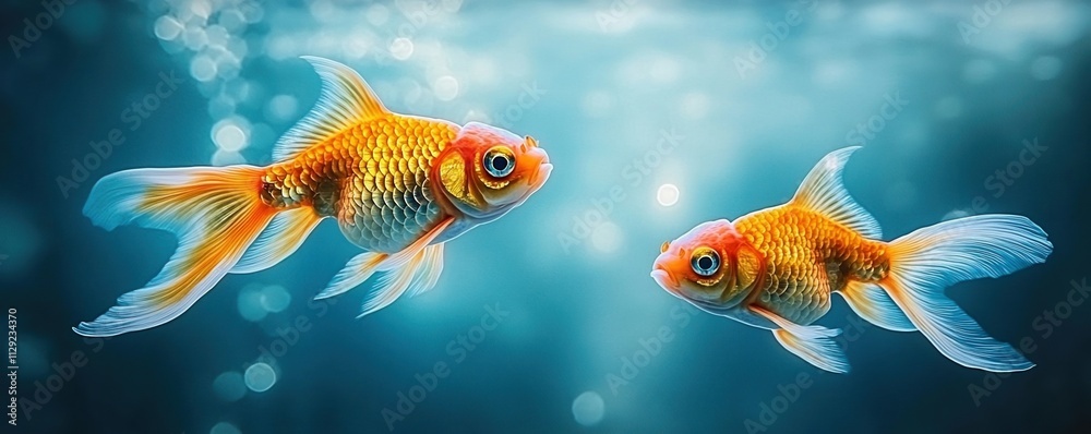 Vibrant goldfish swim gracefully in a sparkling aquatic environment filled with bubbles and light