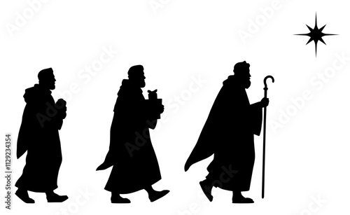 Silhouette of Three Wise Men Kings or Magi Walking Towards the Star of Bethlehem, Isolated on a Transparent Background