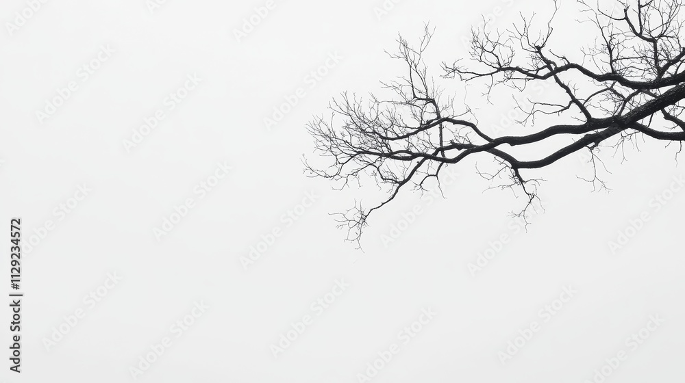 A bare tree branch silhouetted against a foggy, white background. A bare tree branch silhouetted against a foggy, white background.