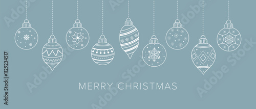 Cute hanging decorations. Christmas template for card and banner. Outline linear silhouette. The design includes elegant lettering with the message Marry Christmas. Vector illustration.