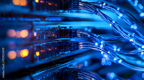 Close-up of server cables and lights in a data center.