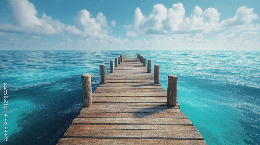 Fototapeta premium Tranquil Wooden Pier Extending into Azure Ocean. A serene image of a wooden pier stretching into a vast expanse of azure ocean water.