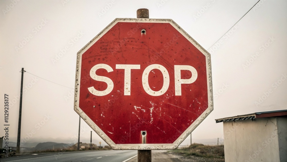 Obraz premium An old stop sign weathered by time, standing beside a rural road in a dusty environment