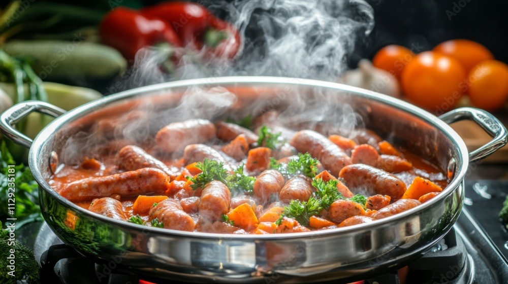 Savory Sausages Cooking in Pan with Fresh Vegetables and Steam Savory Sausages Cooking in Pan with Fresh Vegetables and Steam
