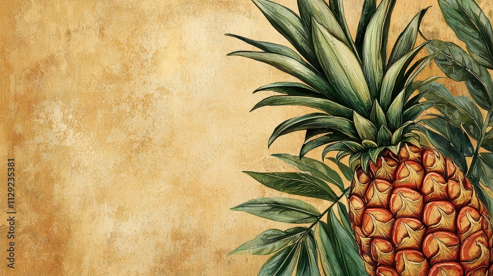 Obraz premium A vibrant illustration of a pineapple with lush green leaves against a textured, warm-toned background.