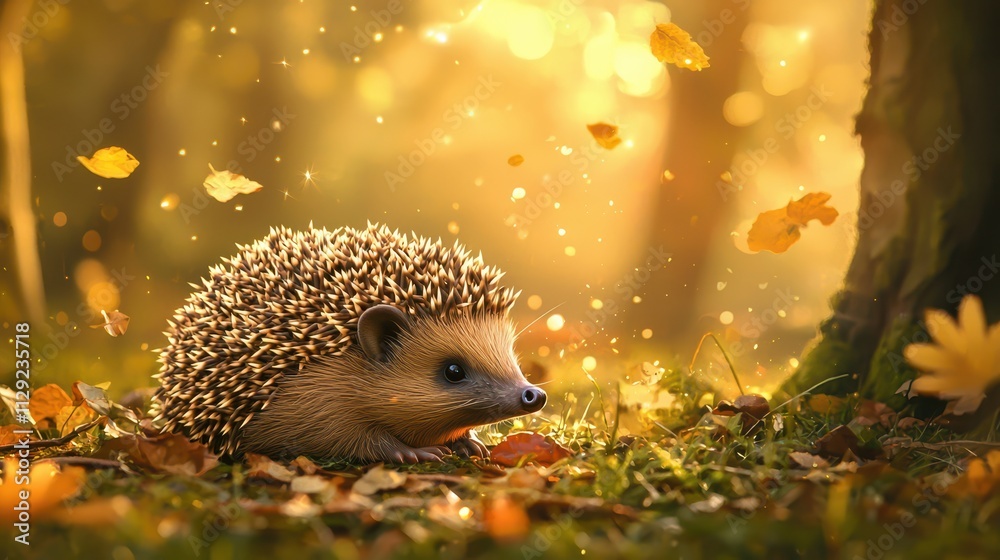 A cute hedgehog amidst autumn leaves, surrounded by a serene forest atmosphere filled with soft lighting and gentle falling leaves.