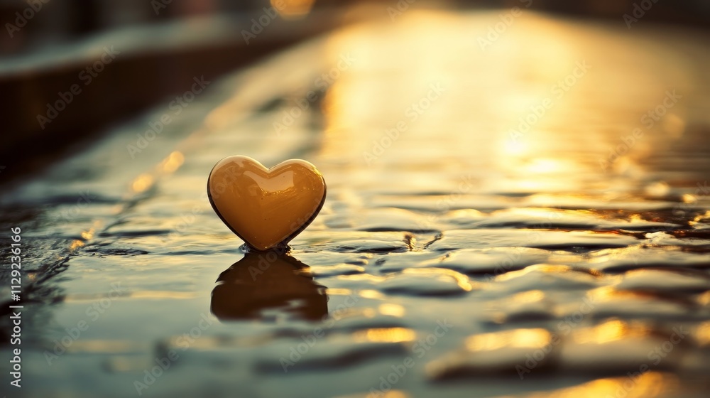 Fototapeta premium A heart-shaped object rests on a wet surface, reflecting warm light in a serene setting.