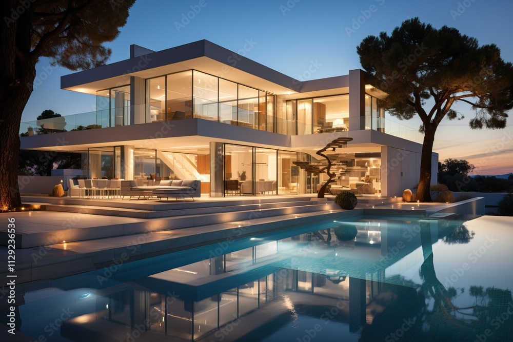 Modern two-story house with terrace and swimming pool. 3D visualization in white. Modern two-story house with terrace and swimming pool. 3D visualization in white.