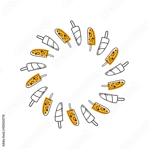 Decorative round frame with ice creams. Doodle style. Linear drawing.
