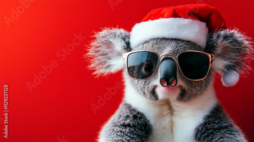 Merry Christmas concept holiday vacation winter animal pet greeting card - Cool Koala Bear with sunglasses and santa claus hat, isolated on red background