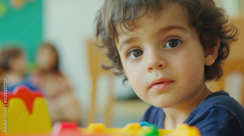 The expression of a child participating in a therapy session for autism spectrum disorder, highlighting neurodiversity and inclusive education, photography style The expression of a child participating in a therapy session for autism spectrum disorder, highlighting neurodiversity and inclusive education, photography style