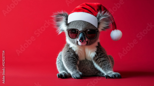 Merry Christmas concept holiday vacation winter animal pet greeting card - Cool Koala Bear with sunglasses and santa claus hat, isolated on red background