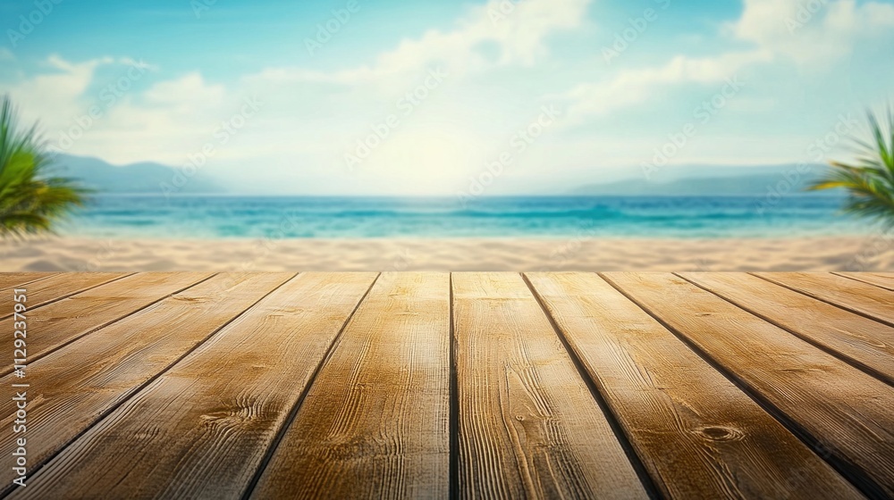 Empty wooden planks overlook a serene beach and sea under a bright sky during a calm day Empty wooden planks overlook a serene beach and sea under a bright sky during a calm day