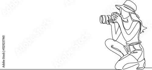 continuous line drawing of young woman taking pictures with DSLR, line art vector illustration