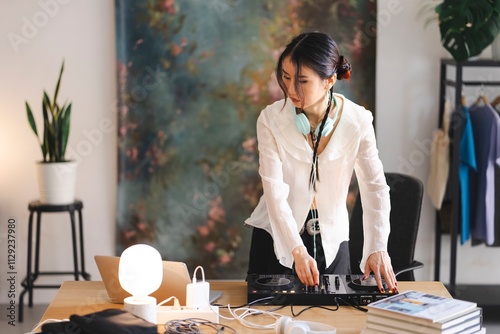 A focused DJ wearing headphones uses a DJ controller, blending music tracks in a well-lit studio environment with modern equipment on a wooden desk photo