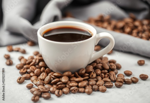 Aromatic Coffee Cup with Roasted Beans Morning Drink