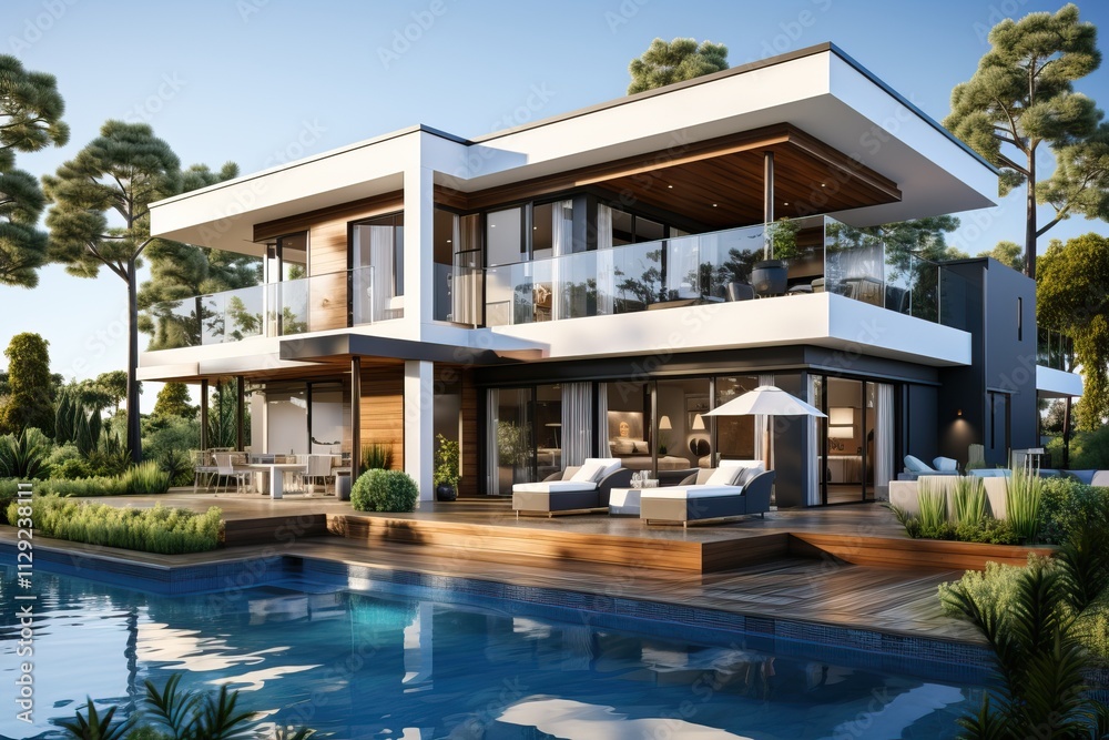 Modern two-story house with terrace and swimming pool. 3D visualization in white. Modern two-story house with terrace and swimming pool. 3D visualization in white.