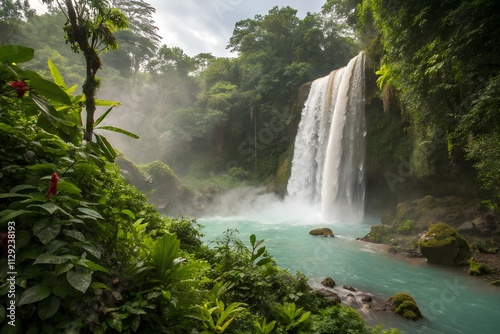 Majestic Waterfall Surrounded by Lush Green Jungle.