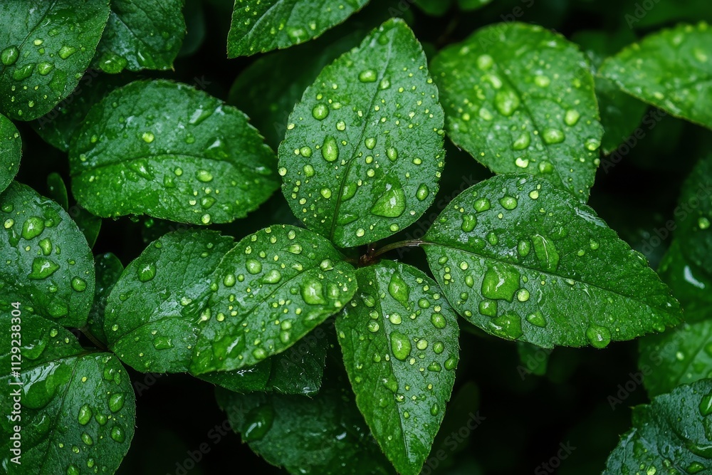 Close-up of lush green leaves covered in water droplets after rain. (2) Close-up of lush green leaves covered in water droplets after rain. (2)