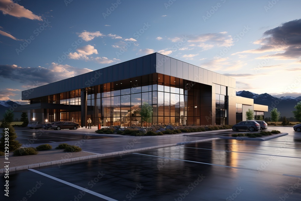 Modern new factory building with empty asphalt floor. 3D rendering in the mountains.