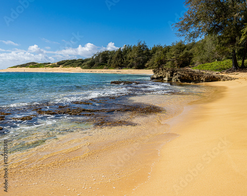 Waves Crashing  Over Exposed Coral Reef on Kawailoa Bay Beach, Mahaulepu Heritage Trail, Poipu, Kauai, Hawaii, USA photo