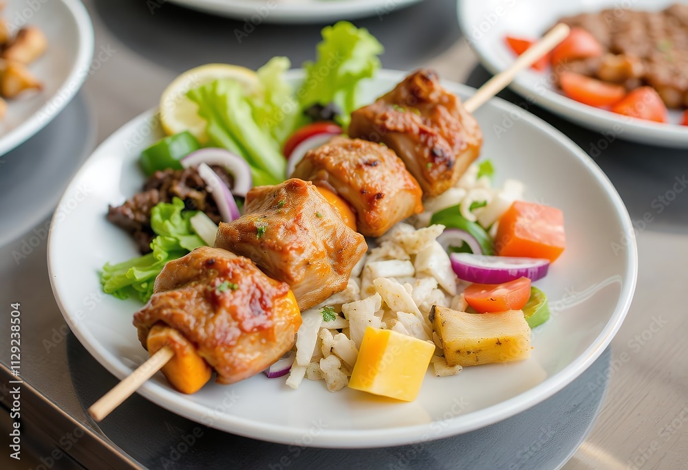 Grilled Chicken Skewers with Salad Vegetables Grilled Chicken Skewers with Salad Vegetables