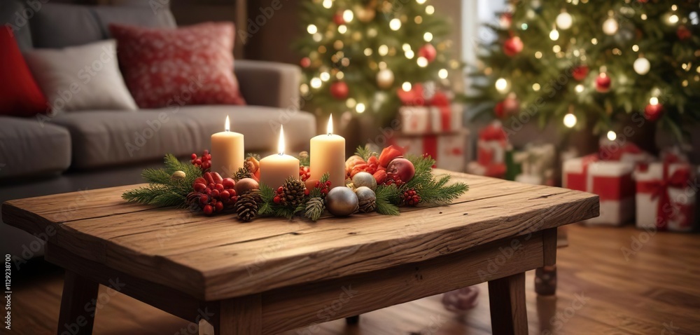 Festive holiday scene on a wooden coffee table , pinecones, hot chocolate, snowflakes