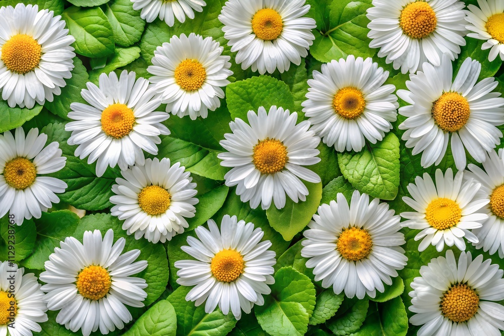 Delicate daisies and fresh leaves create a harmonious garden of nature-inspired patterns Delicate daisies and fresh leaves create a harmonious garden of nature-inspired patterns