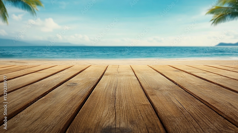Empty wooden planks overlooking a blurred beach and sea on a bright sunny day Empty wooden planks overlooking a blurred beach and sea on a bright sunny day