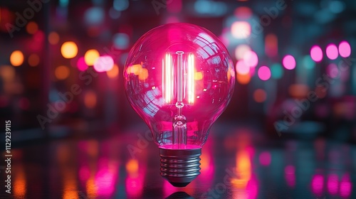 Illuminated Glass Lightbulb Glowing Pink In Dark Setting