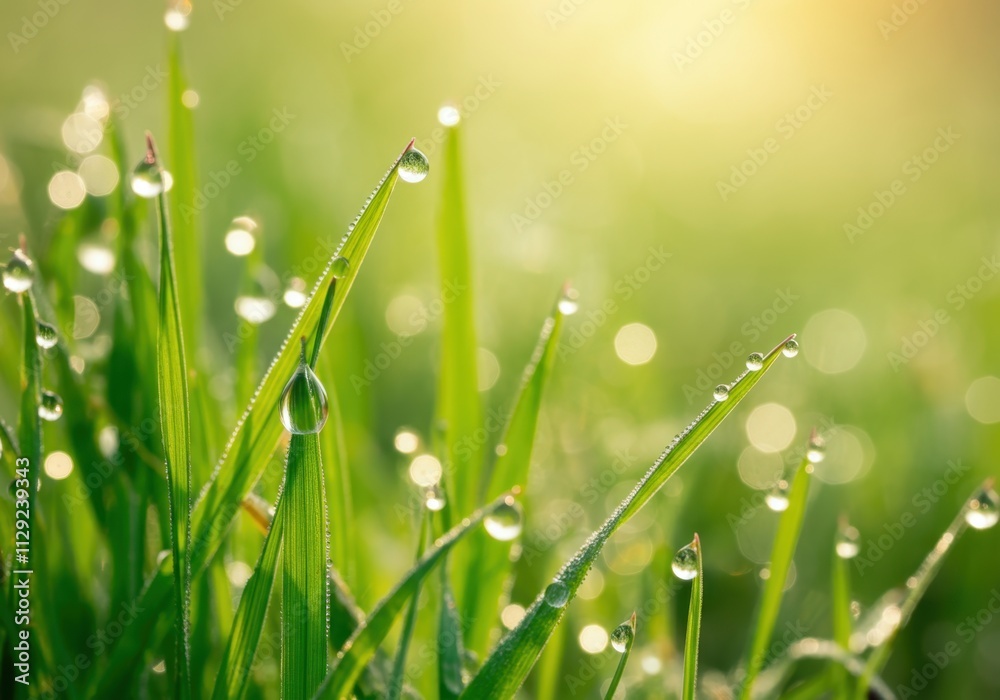 Fototapeta premium Dew drops glistening on blades of grass in morning sunlight create beautiful bokeh
