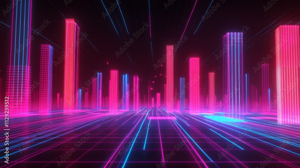 Futuristic Neon Cityscape with Vertical Beams and Grid Pattern