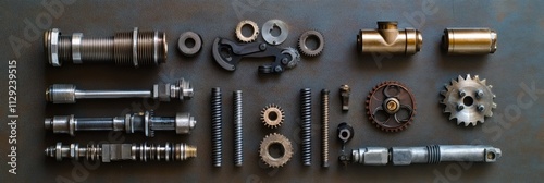 A close view of various car engine components laid out, showcasing parts like pistons, gears, and valves, offering clear copy space for text. Generative AI