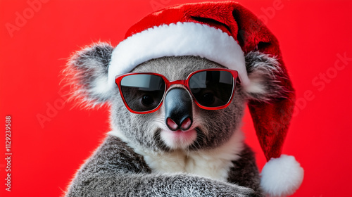 Merry Christmas concept holiday vacation winter animal pet greeting card - Cool Koala Bear with sunglasses and santa claus hat, isolated on red background