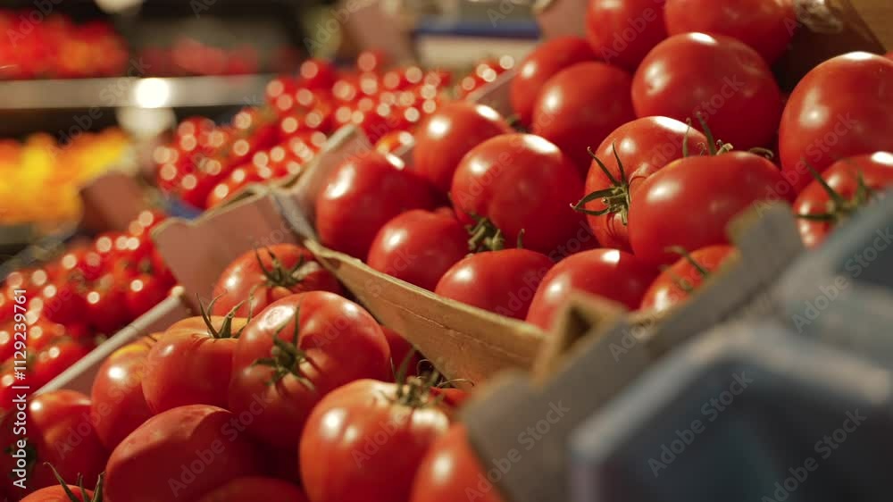 Hands of a saleswoman is Lay Out the tomatoes on the Shelf at supermarket. Close-up 4k footage. Slow Motion.