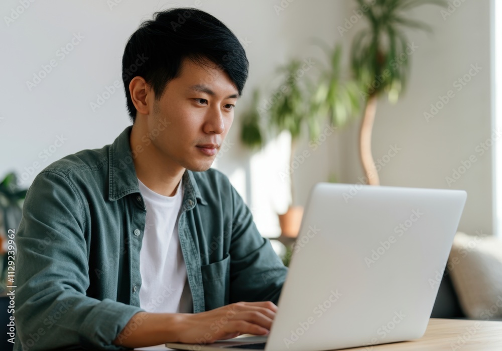 Young man concentrating on his laptop, working remotely in a bright home office Young man concentrating on his laptop, working remotely in a bright home office