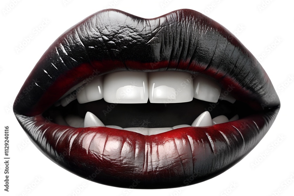 Fototapeta premium Vampire lips, painted deep black, reveal sharp white teeth in a dramatic display. The transparent background allows for versatile application in various creative projects