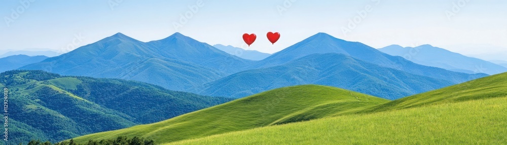 Serene Mountain Landscape with Blue Sky and Green Hill, Symbolizing Love and Connection in Nature's Beauty, Ideal for Romantic Themes and Outdoor Adventures Serene Mountain Landscape with Blue Sky and Green Hill, Symbolizing Love and Connection in Nature's Beauty, Ideal for Romantic Themes and Outdoor Adventures