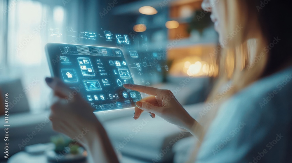 Homeowner managing smart home features through a tablet interface in a modern setting. : Internet of Things (IoT) in Smart Homes Homeowner managing smart home features through a tablet interface in a modern setting. : Internet of Things (IoT) in Smart Homes