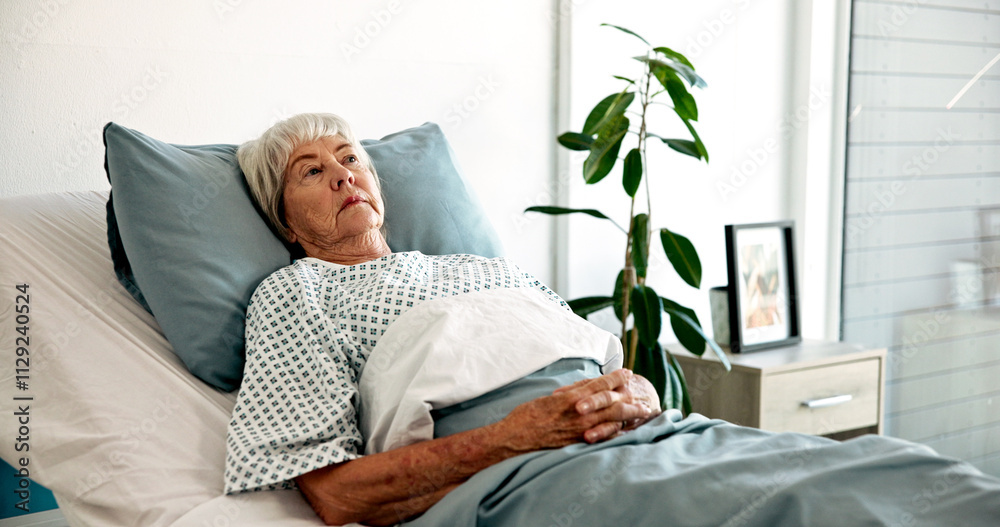 Healthcare, recovery and thinking with old woman in hospital for medical treatment or wellness. Healing, idea and medicine with senior patient in bed at clinic for comfort, medicare or rehabilitation Healthcare, recovery and thinking with old woman in hospital for medical treatment or wellness. Healing, idea and medicine with senior patient in bed at clinic for comfort, medicare or rehabilitation